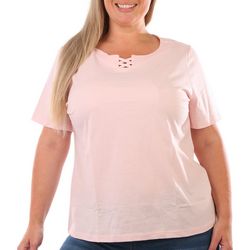 Coral Bay Plus Solid Crisscross Keyhole Short Sleeve Top