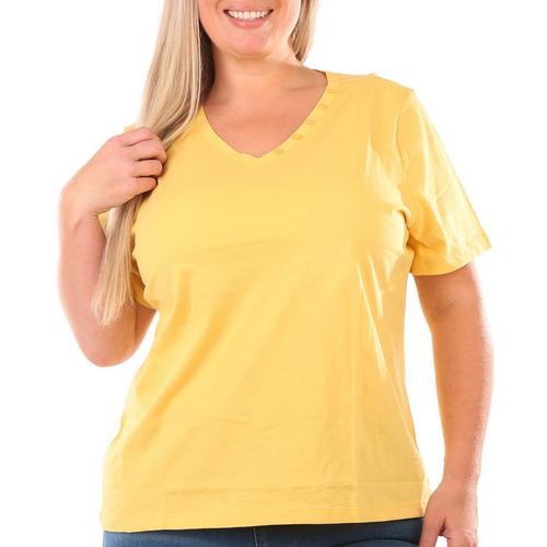 Coral Bay Plus Solid Button V-Neck Short Sleeve