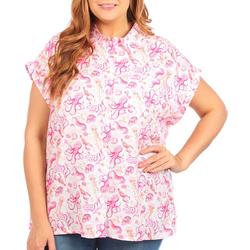 Plus See Creatures Button Down Short Sleeve Top