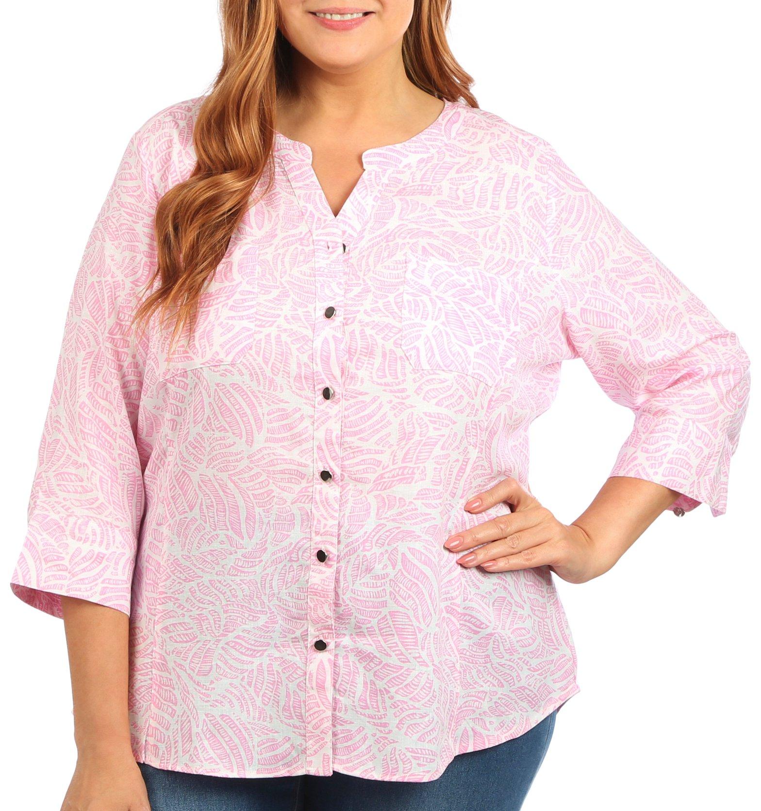 Coral Bay Plus Print Button Down 3/4 Sleeve Top