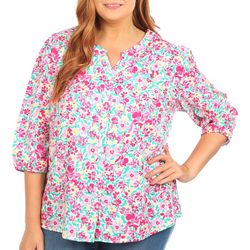 Coral Bay Plus Print Button-Down 3/4 Sleeve Top