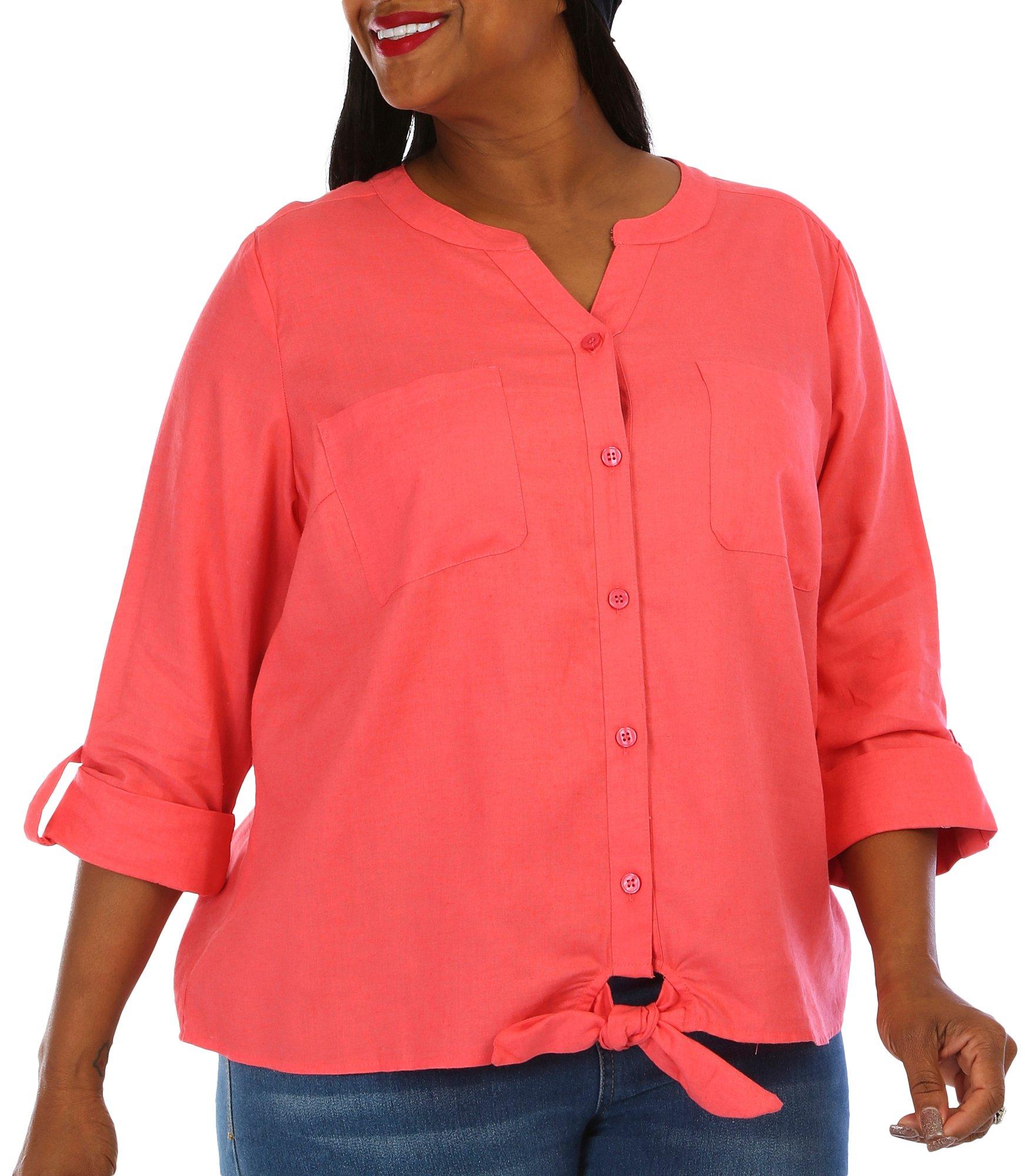 Coral Bay Plus Solid Button Down 3/4 Sleeve Top