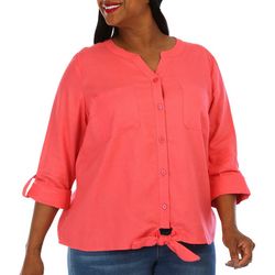 Coral Bay Plus Solid Button Down 3/4 Sleeve Top