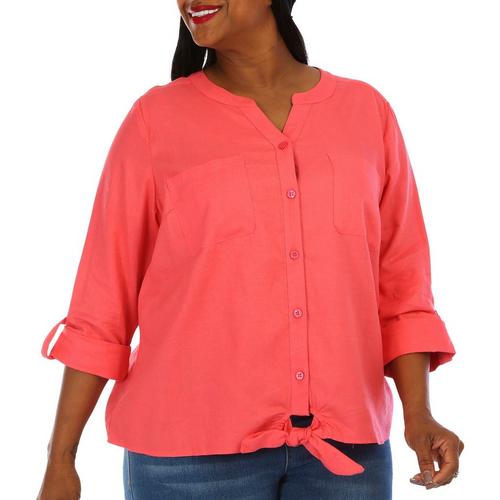 Coral Bay Plus Solid Button Down 3/4 Sleeve