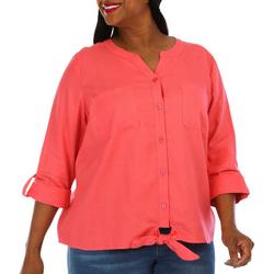 Plus Solid Button Down 3/4 Sleeve Top