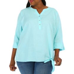 Coral Bay Plus Solid Henley Button Placket 3/4 Sleeve Top