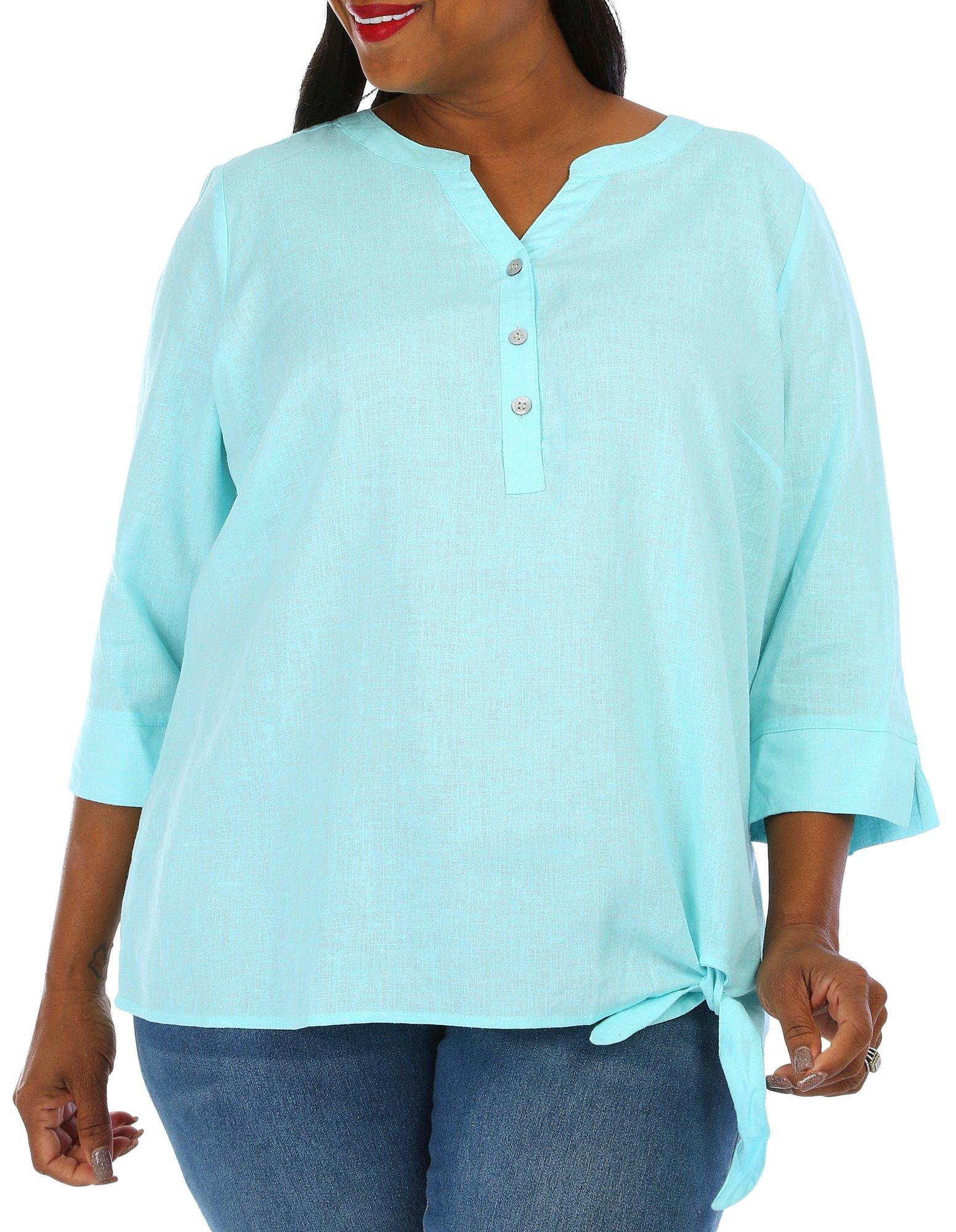 Plus Solid Henley Button Placket 3/4 Sleeve Top