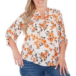 Plus Floral Print Pleated Henley 3/4 Sleeve Top