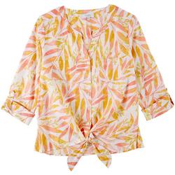 Plus Tropical Print Button Front 3/4 Sleeve Top
