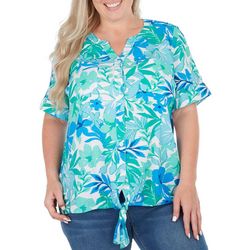 Coral Bay Plus Floral Button Down Tie Short Sleeve Top