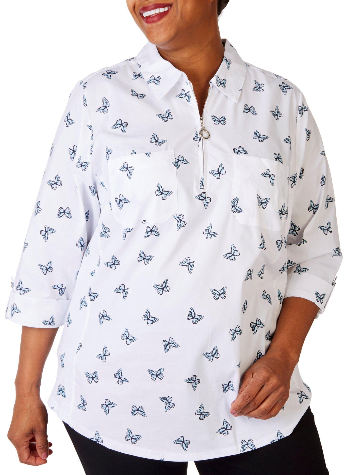 Plus Butterflies Zippered Stretch 3/4 Sleeve Top