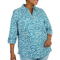 Coral Bay Plus Floral Zippered Knit To Fit 3/4 Sleeve Top