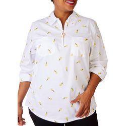 Plus Pineapple Zippered Stretch 3/4 Sleeve Top