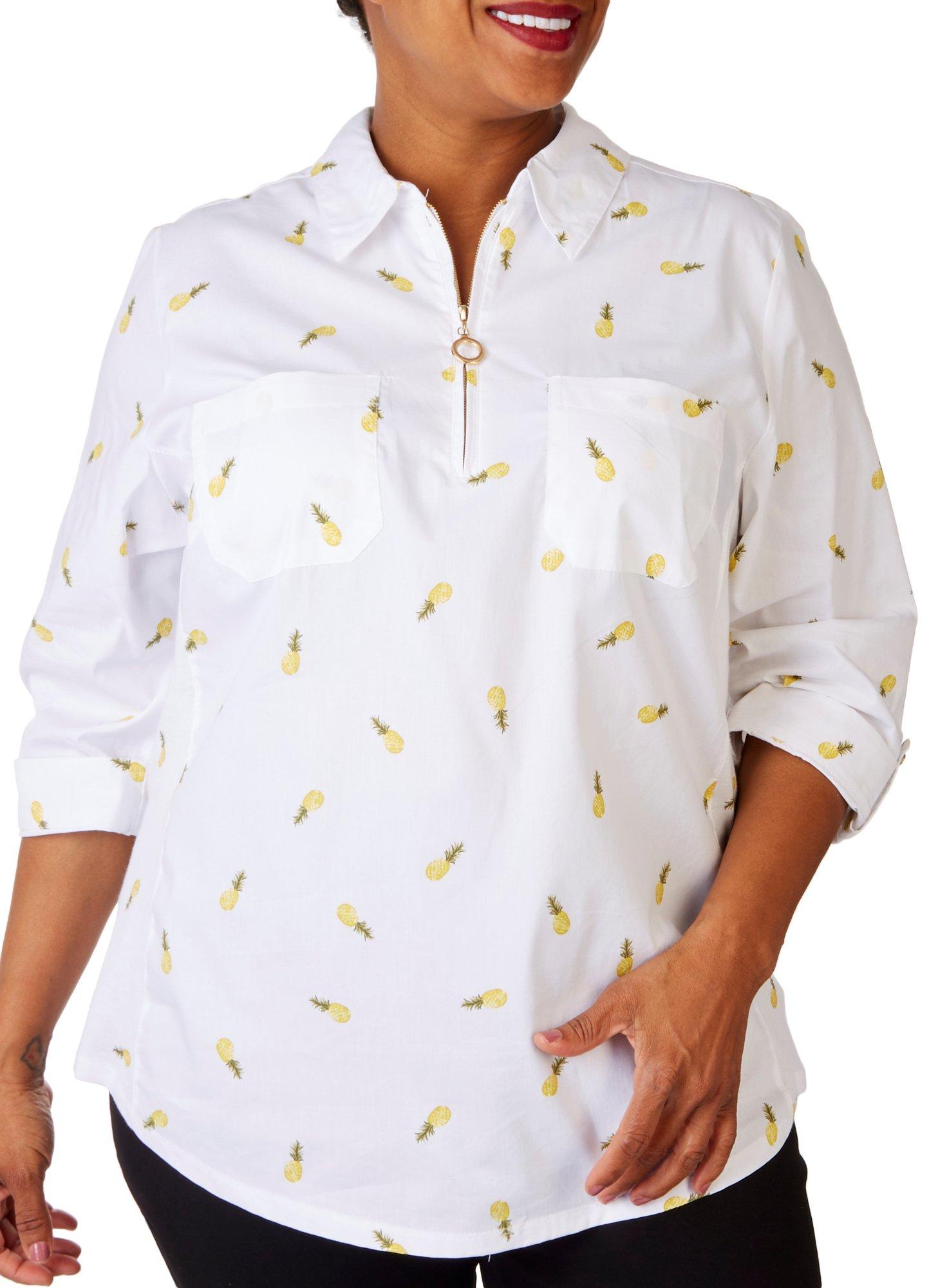 Plus Pineapple Zippered Stretch 3/4 Sleeve Top