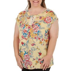 Cure Apparel Plus Floral Laced Keyhole Short Sleeve Top