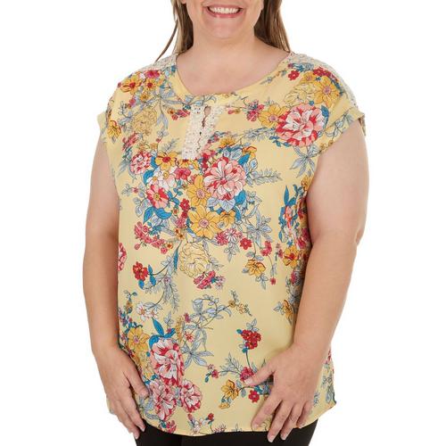 Cure Apparel Plus Floral Laced Keyhole Short Sleeve