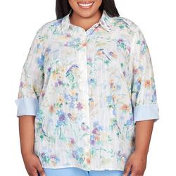 Plus Painted Bird Button Down 3/4 Sleeve Top