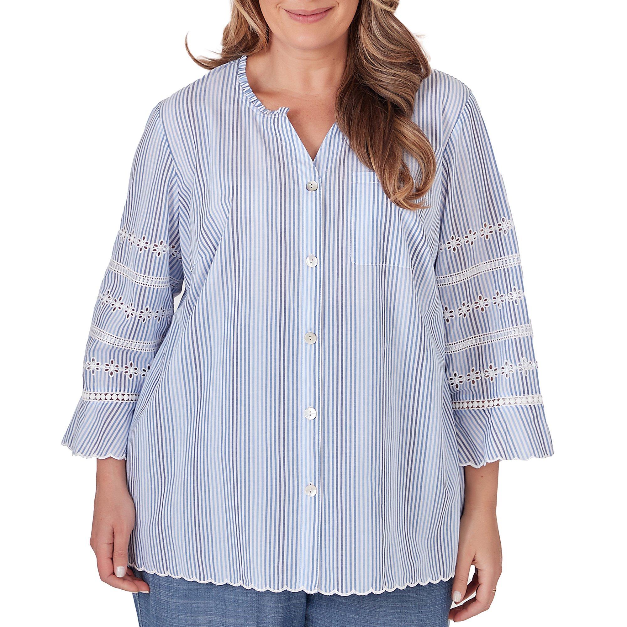 Plus Pinstripe Embroidered Button Down Top
