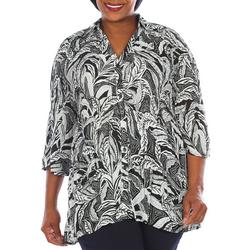 Plus Print Button Down Crinkle 3/4 Sleeve Top