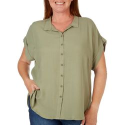 Per Se Plus Solid Button Down Collared Short Sleeve Top