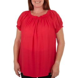 Como Blu Plus Solid Embroidered Puff Short Sleeve Top