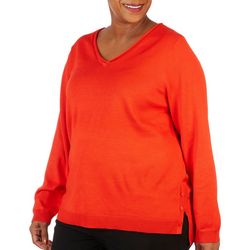 Tint & Shadow Plus Solid Rolled V Neck Long Sleeve Top