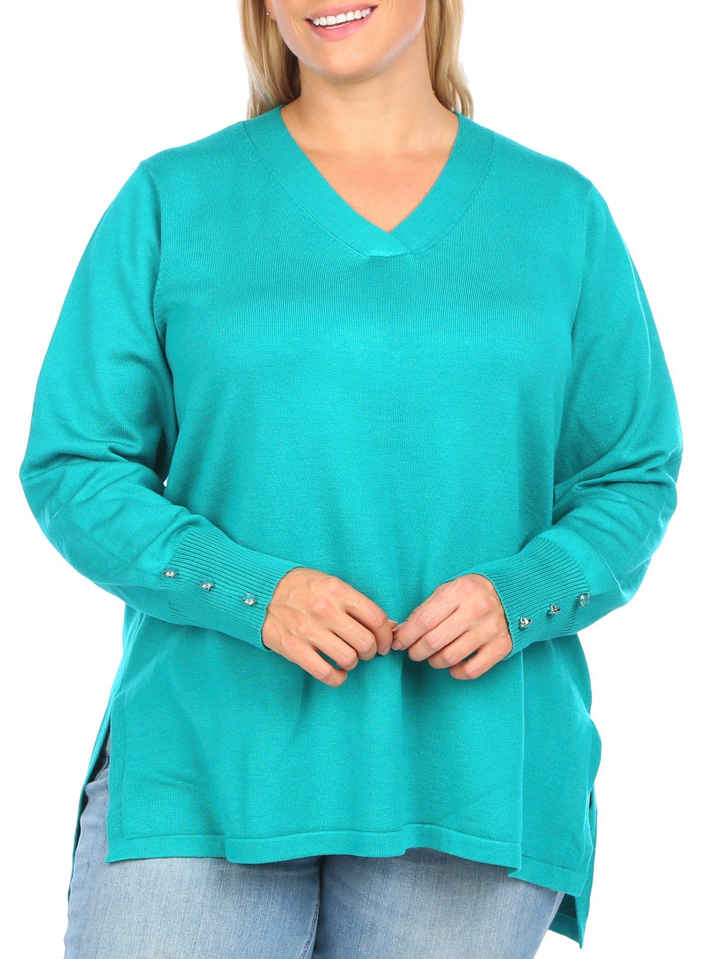 Plus Button Embellished Long Sleeve Sweater