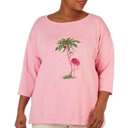 Plus Solid Flamingo Palm Embroidered Sweater
