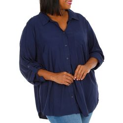 Plus Solid Button Down Long Sleeve Top