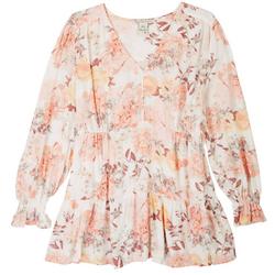 Plus Floral V-Neck Tunic Long Sleeve Top