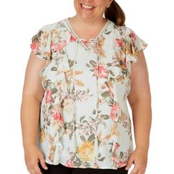 American Rag Plus Floral Lace Up Ruffle Short  Sleeve Top