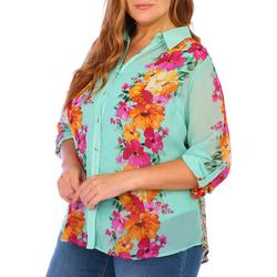 Plus Sheer Floral Button Down Top