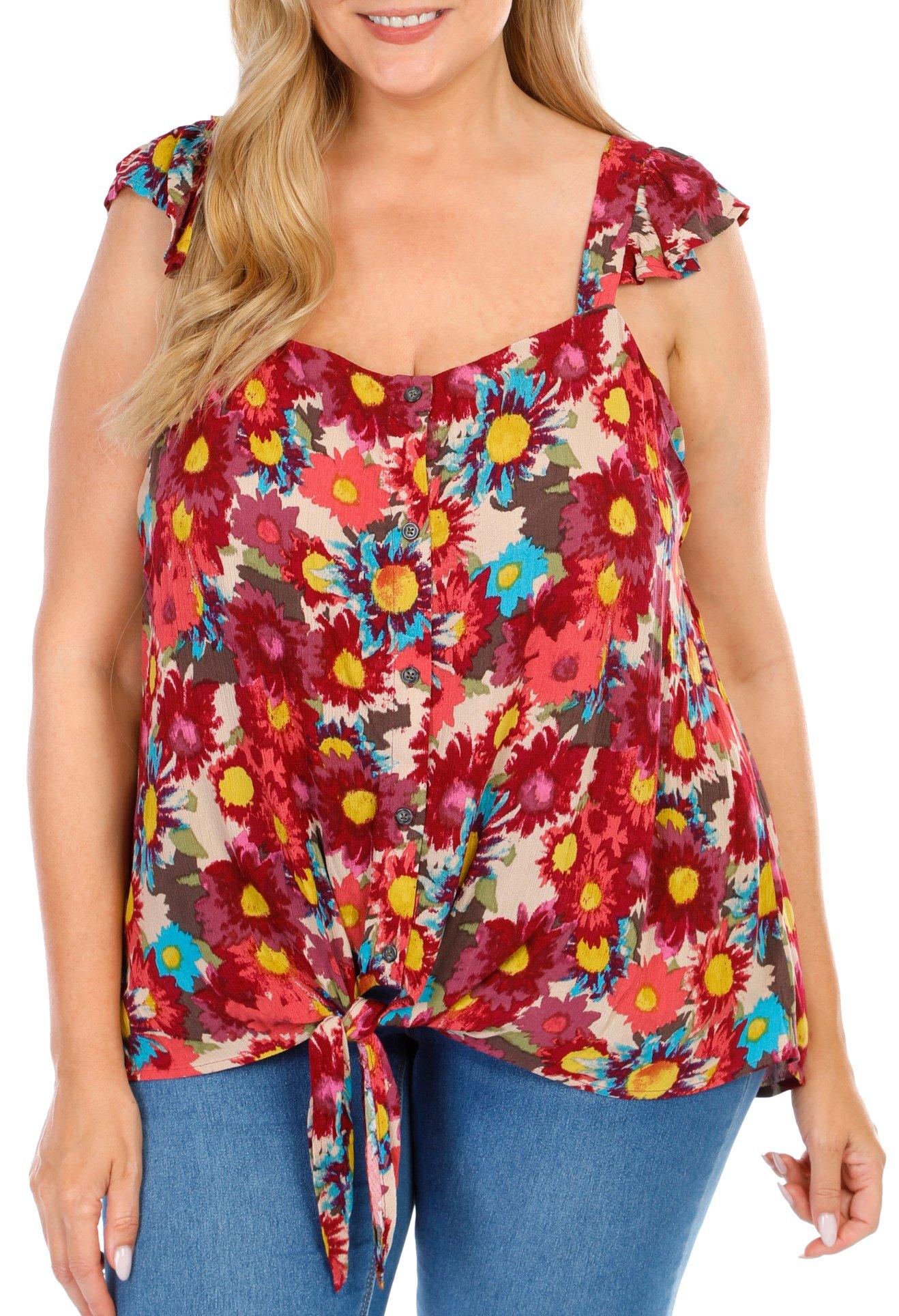 Plus Flowers Button Down Tie-Front Sleeveless Top