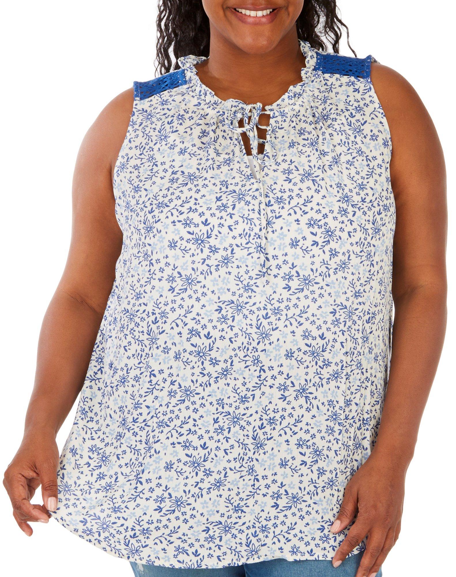 Plus Crochet Yoke Blossoms Print Sleeveless Top