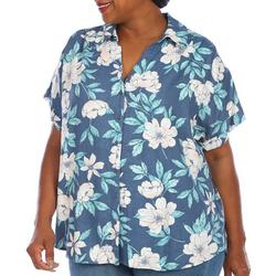 Plus Floral Short Sleeve Roll Cuff Button Down Top