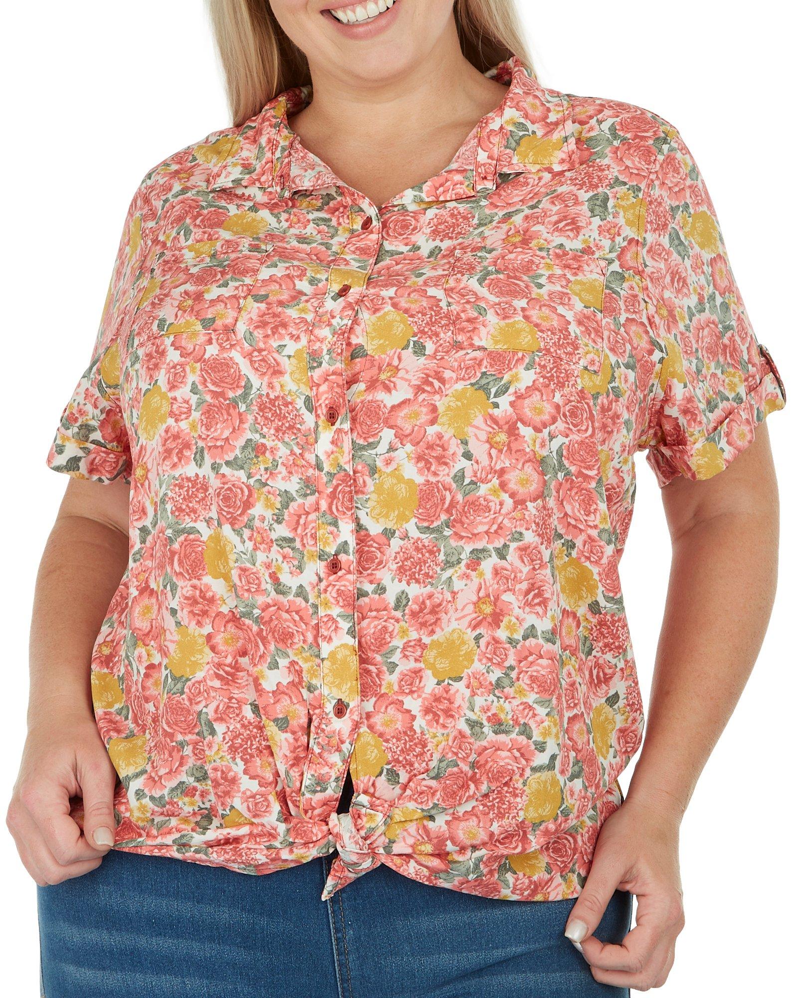 Plus Floral Button Down Tie Hem Short Sleeve Top