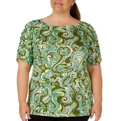 Cha Cha Vente Plus Damask Boat Neck Ruched Sleeve Top