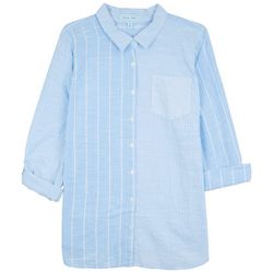 Blue Sol Plus Mixed Stripe Button Down 3/4 Sleeve Top