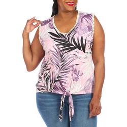 Plus Fronds Front Tie Embellished Sleeveless Top