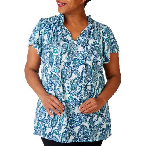 Fairhaven Plus Paisley Smocked Layered Short Sleeve Top