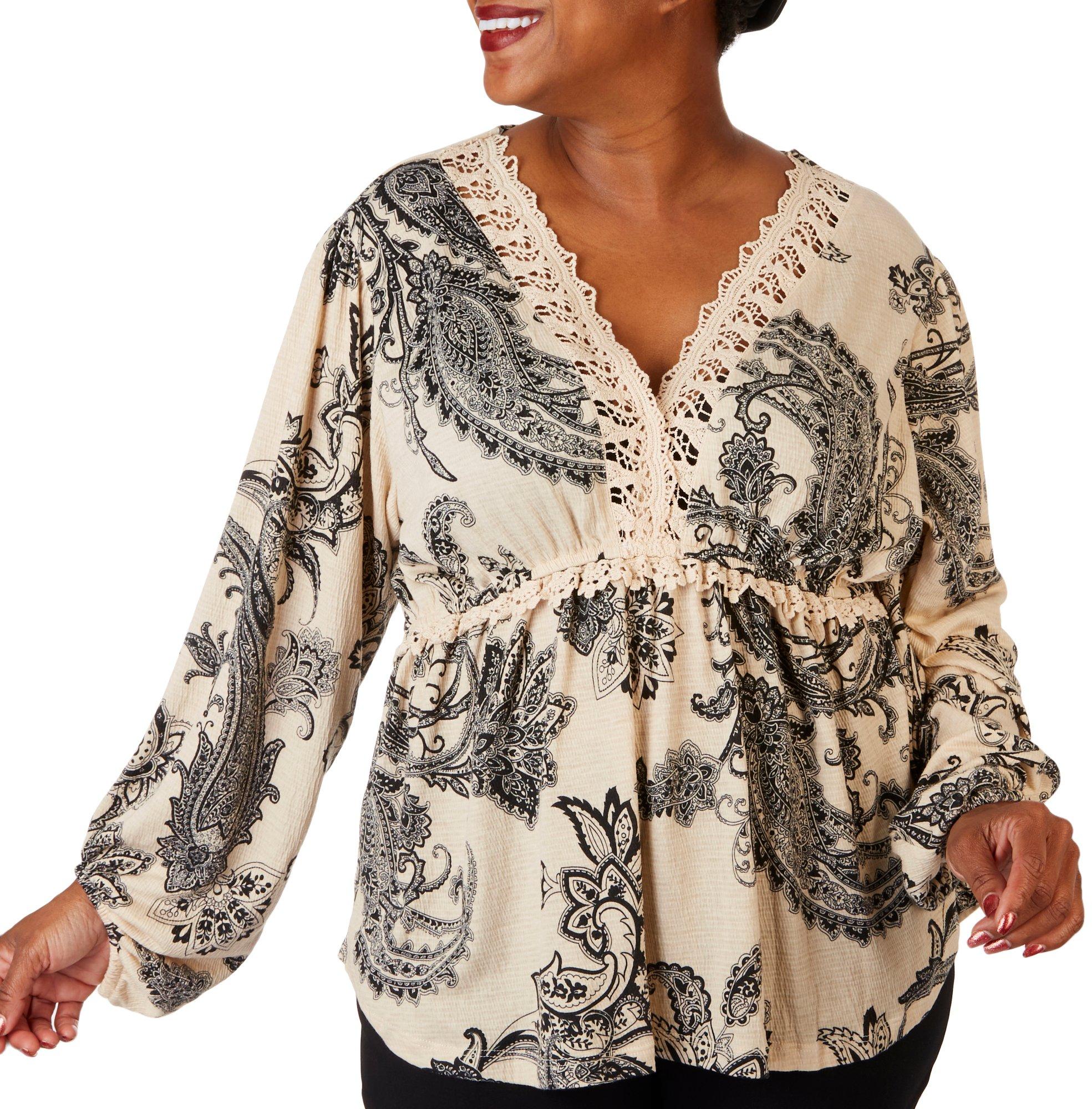 Plus Paisley Crochet Long Sleeve Top