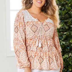 Plus Mosaic Tie Front Tiered Babydoll Long Sleeve Top