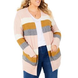 Plus Ribbed Knit Long Sleeve Striped Open Cardigan