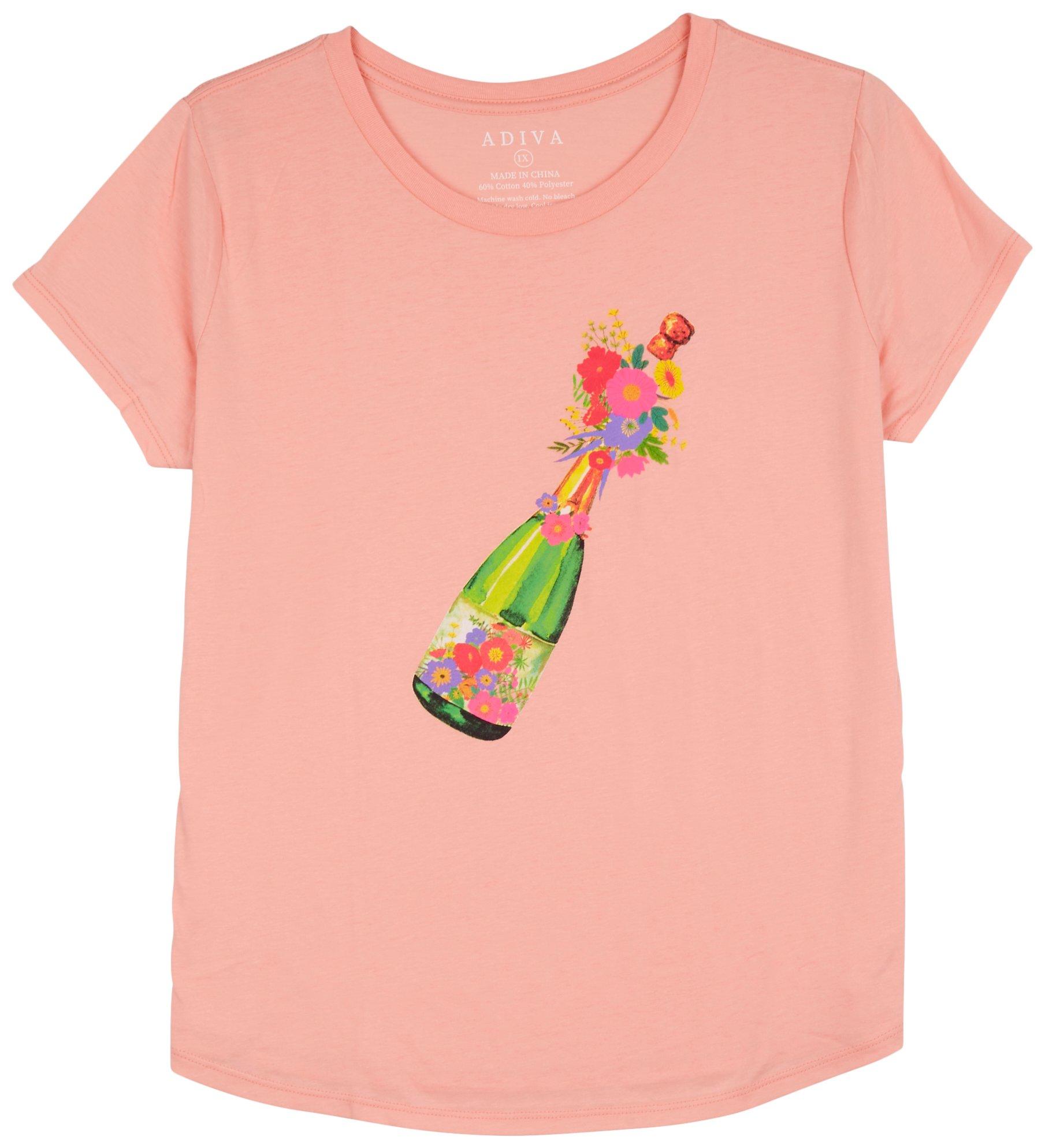 Plus Champagne Flower Bottle Short Sleeve T-Shirt