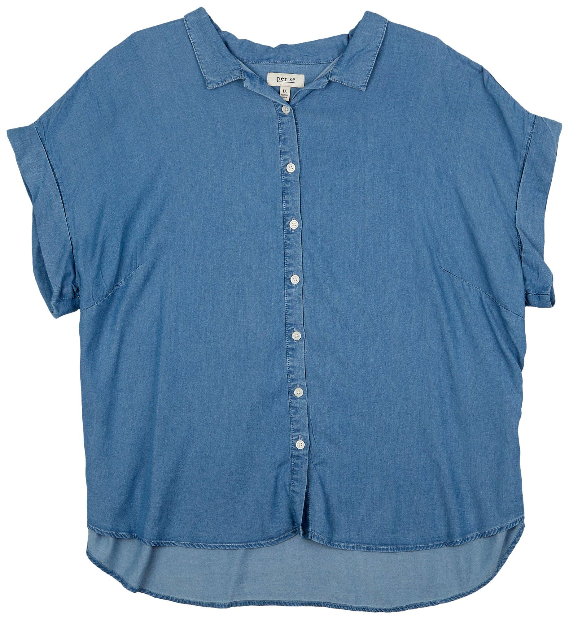 Per Se Plus Denim Button Down Collared Short