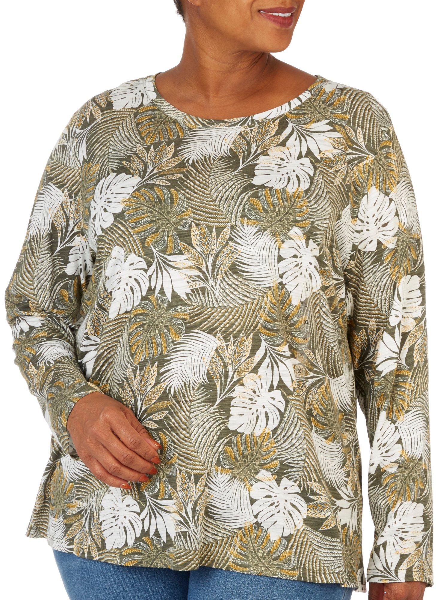 Plus Tropical Palm Scoop Neck Long Sleeve Tee