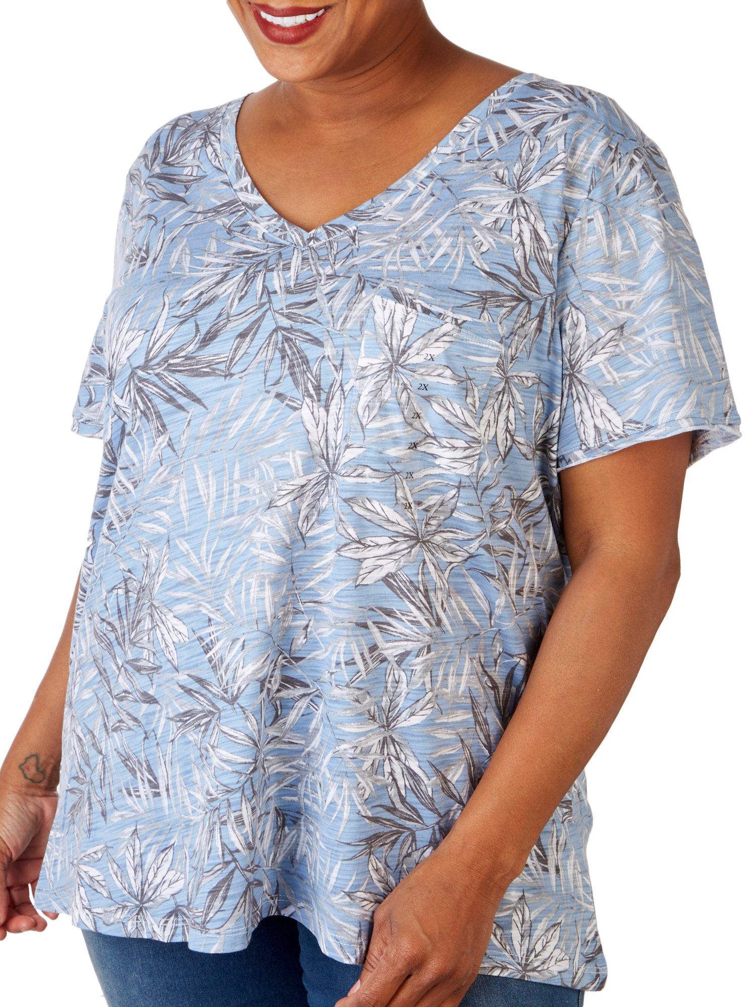 Dept 222 Plus Luxey Leaf Print V-Neck Short Sleeve Top