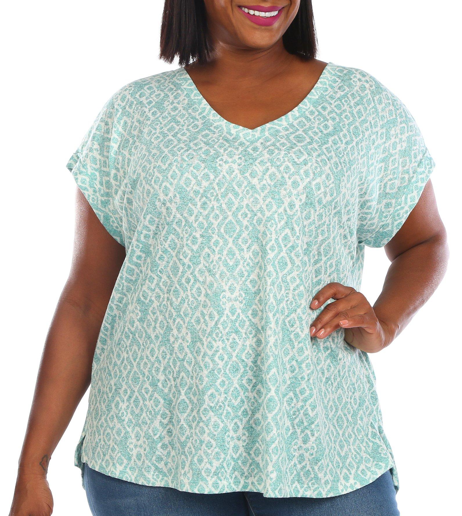 Plus Printed Slub V-Neck Short Sleeve Top