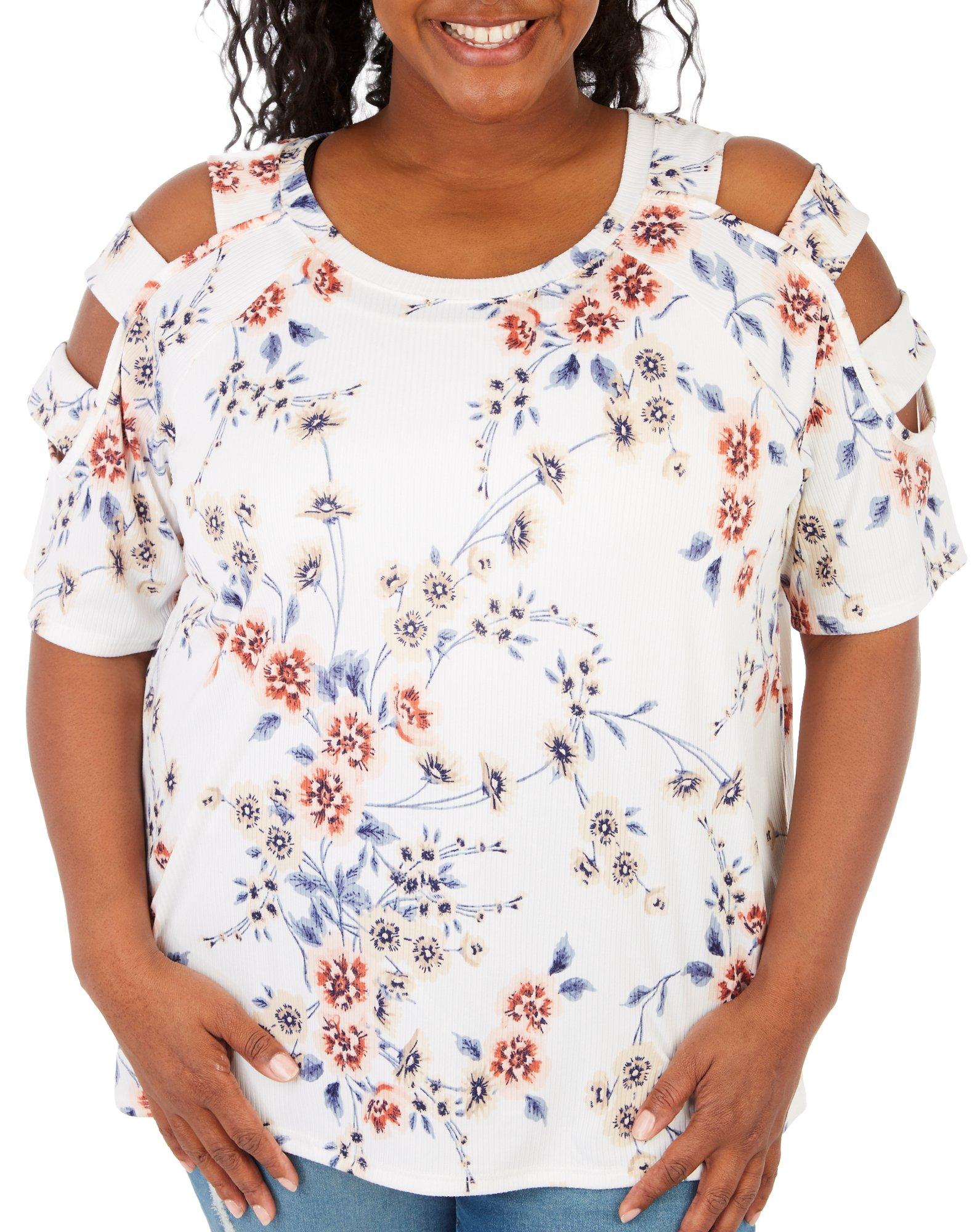 Plus Flower Print Ribbed Caged Cold Shoulder Top