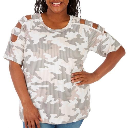 Plus Camo Ribbed Caged Cold Shoulder Top